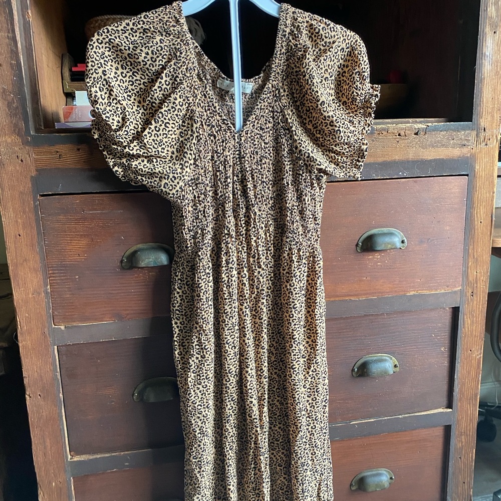 La Hearts Animal Print Midi Dress with Puff Sleeves